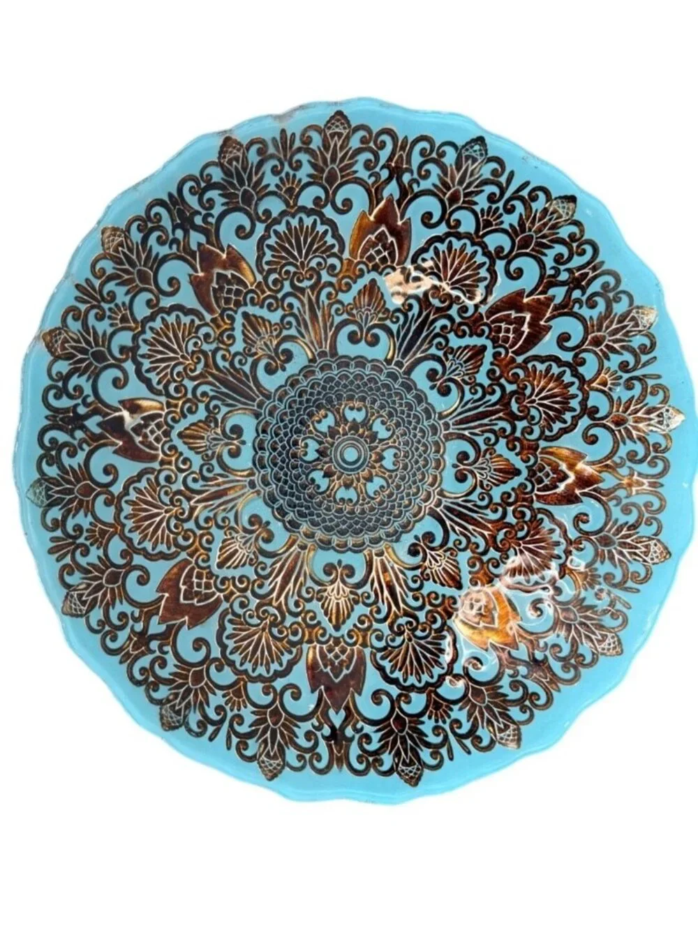Turkish Glass Decorative Bowl Teal Blue Bronze Embossed Mandala Ornate-Gorgeous